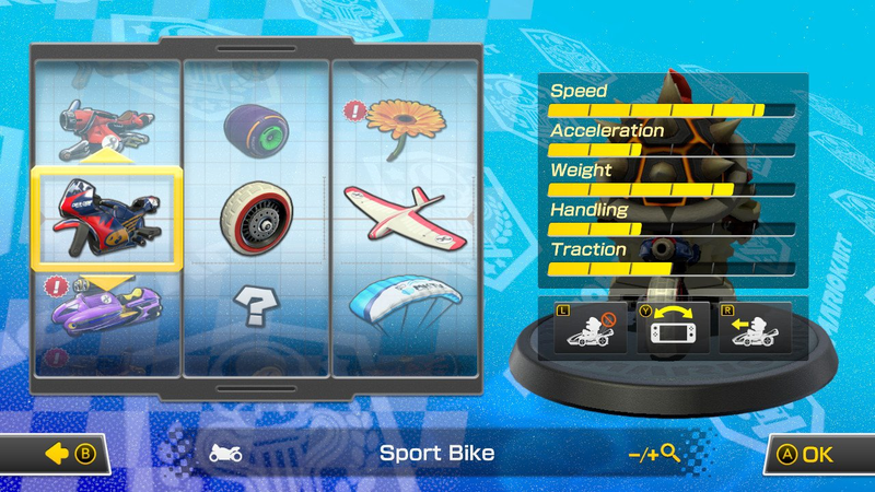 My beginner inside drifting build: Dry Bowser, the Sport Bike, Retro Off-Road tires and the Plane Glider.